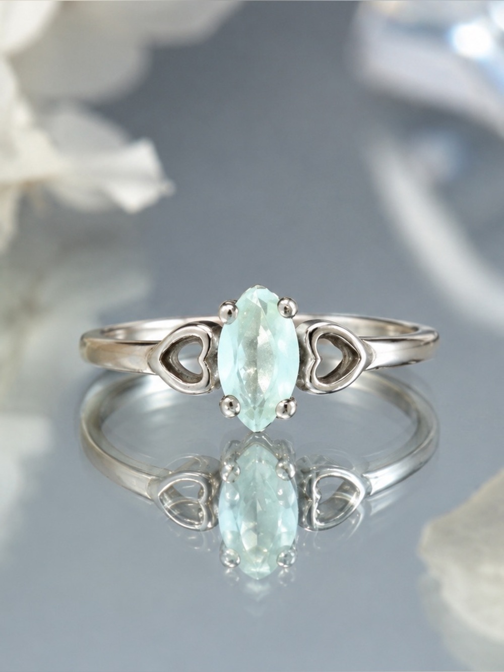 Sterling Silver Aquamarine Ring Moissanite Hearts Size 6.25 Dainty Blue Topaz